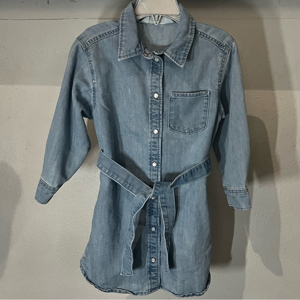 H&M Girls Medium Wash Blue Long Sleeve Denim Dress with Belt Size 5T